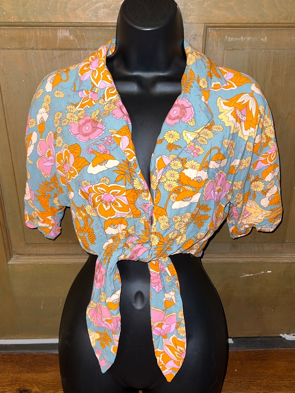 Love Notes Retro 70’s Hippie Orange Floral Tied Boho Crop Top Size S